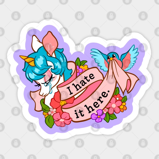 I Hate it Here ~ Crying Unicorn with Flowers Sticker by CTKR Studio